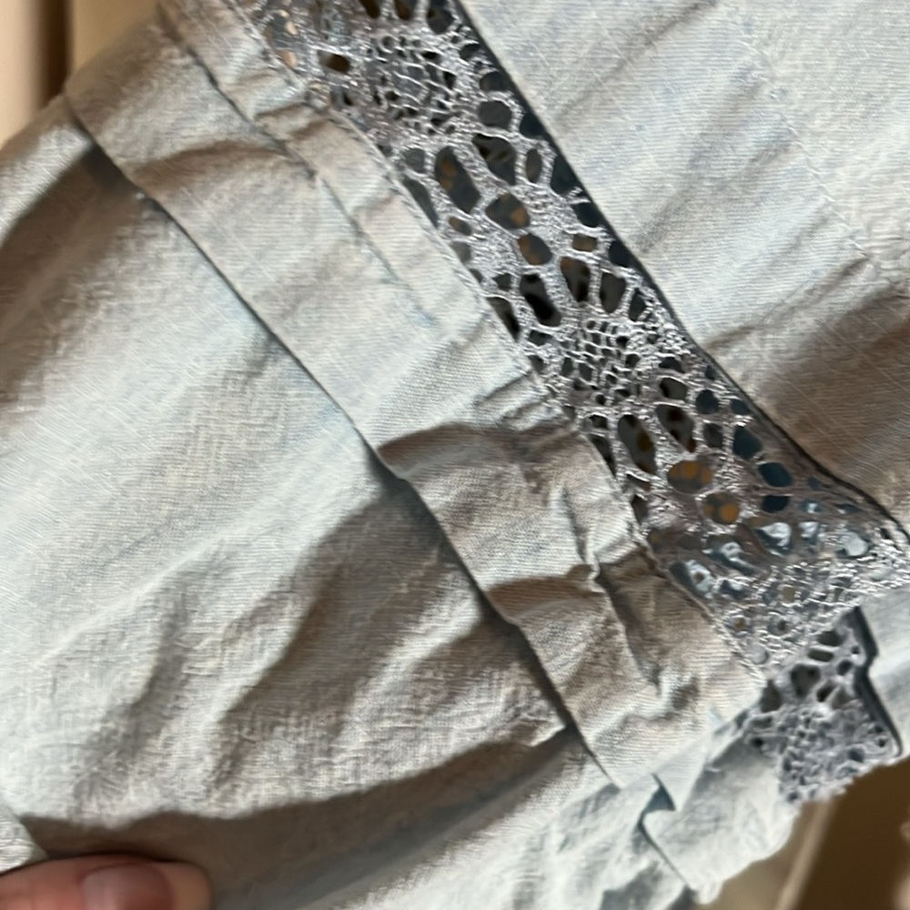 💙Lauren Ralph Lauren Black Label L Denim blue tunic,drawstring collar,lace trim. - Picture 6 of 6